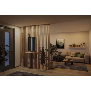 Paulmann LED Einbaustrahler Set in moderner Wohnumgebung. Dimmbare, warmweiße Deckenleuchten schaffen gemütliche Atmosphäre.