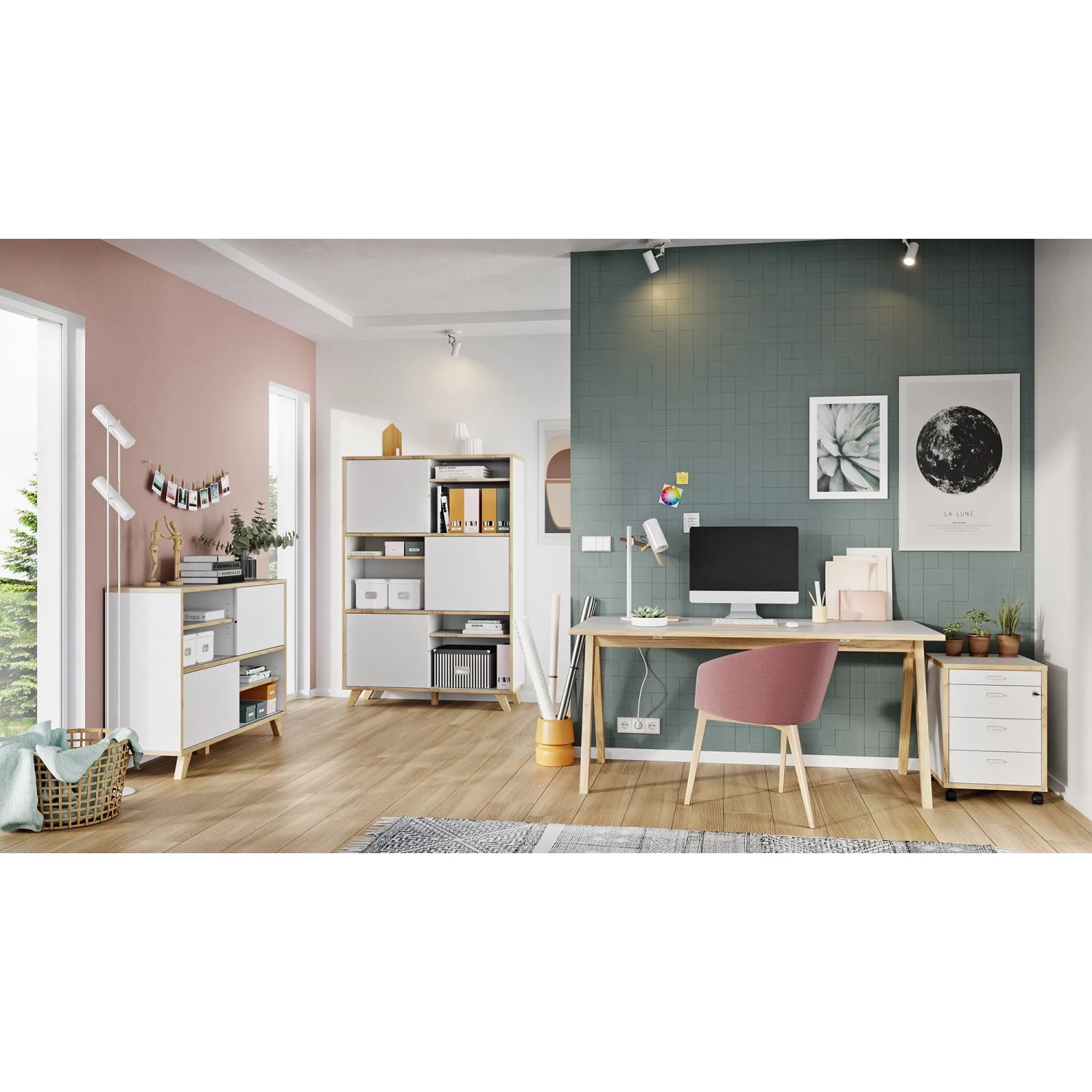 Germania Schiebetürregal, 120x92x40 cm, Weiß/Eiche, im modernen Büro-Ambiente.