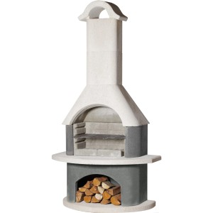 Buschbeck Gartengrillkamin Athen in Weiß-Anthrazit mit geschwungener Kaminabdeckung und Holzfach.
