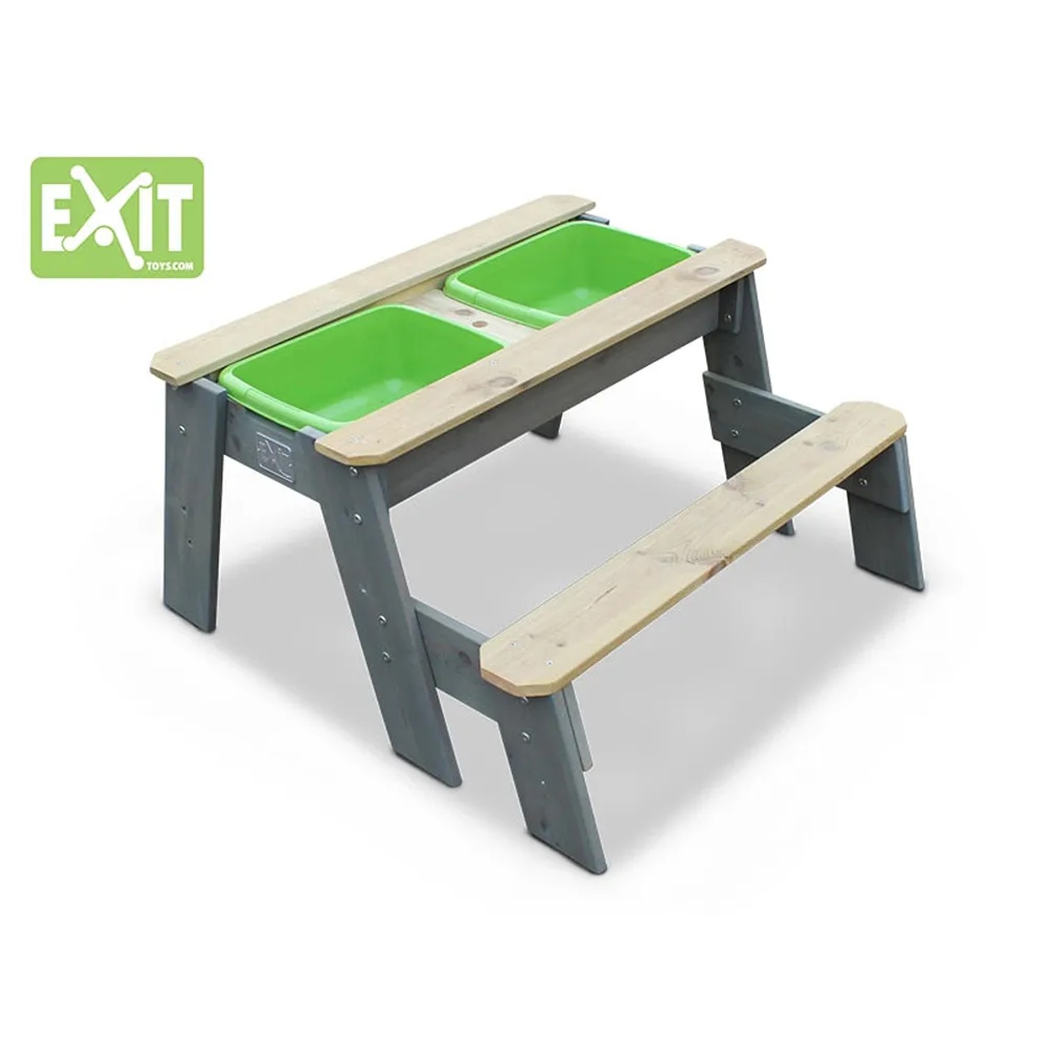 EXIT Aksent Sand-, Wasser- und Picknicktisch mit Bank, graues Holz mit grünen Wannen.