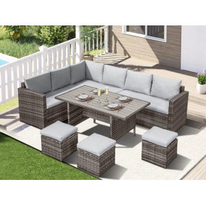MeXo XXL Gartenlounge Set aus Polyrattan mit Esstisch für 8 Personen Grau