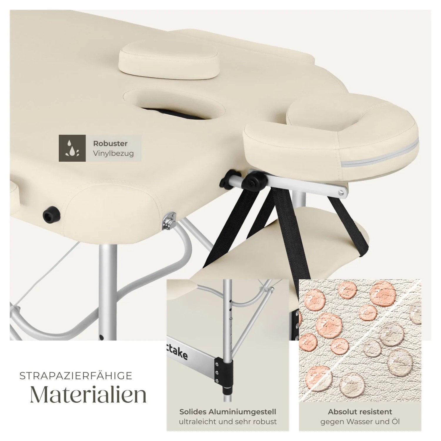 Tectake 3 Zonen Massageliege Phuket Breite 70 cm  Polsterung 5 cm Inklusive Tragetasche und 15 Einwegtücher  212 x 103 x 90 cm Beige_8