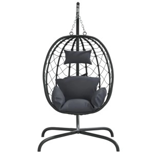 Anthrazitfarbener vidaXL Hängesessel Ei aus Polyrattan mit Stahlgestell und Kissen.