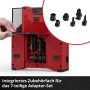 Einhell Akku-Kompressor Suppero 18/380 mit geöffnetem Zubehörfach und 7-teiligem Adapter-Set.