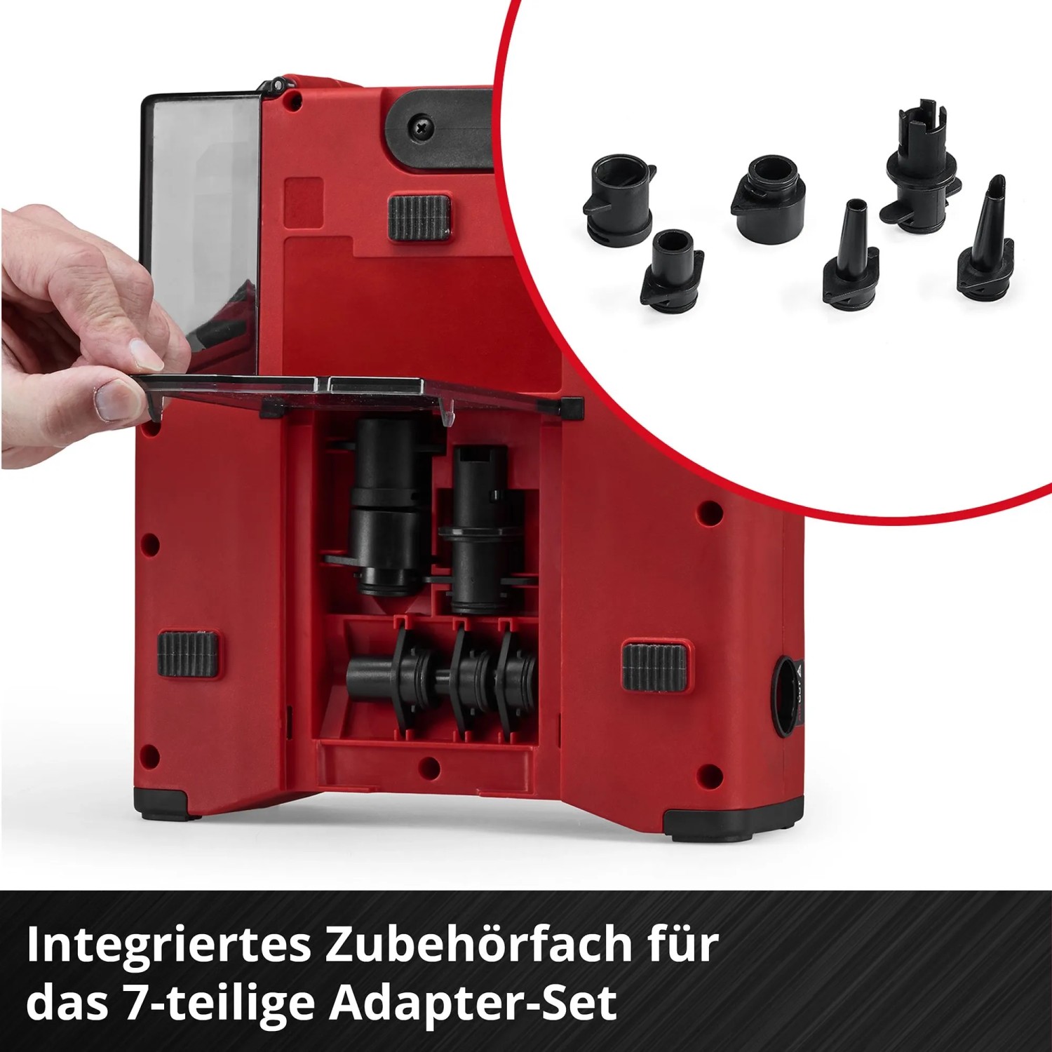 Einhell Akku-Kompressor Suppero 18/380 mit geöffnetem Zubehörfach und 7-teiligem Adapter-Set.