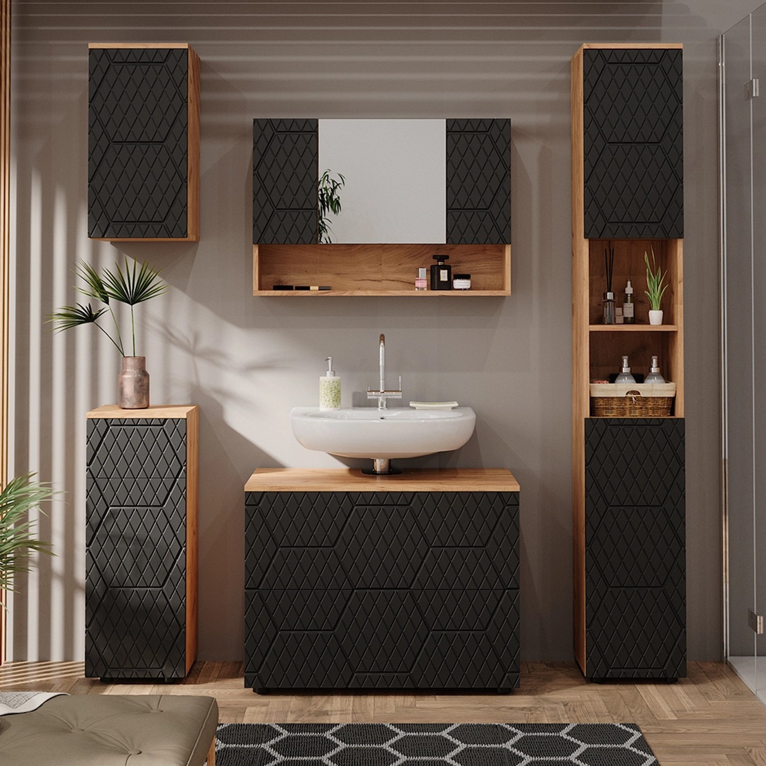 vicco midischrank irma goldkraft eiche/anthrazit 30 x 81 cm mit 1 schublade  2 fächer badezimmer