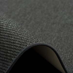 Detailansicht: Anthrazitfarbener Snapstyle Bentzon Teppich, Flachgewebe, runde Form.