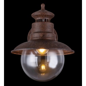 Globo Außenleuchte Sella in Rostfarbig: Stahl-Wandleuchte mit klarer Glaskugel und E27 Fassung.