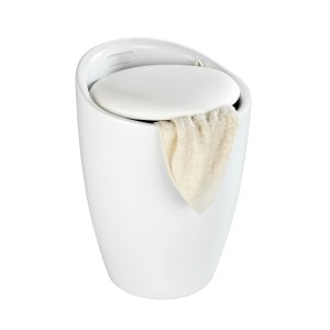 Wenko Hocker Candy White Matt mit Wäschesack, runder Badhocker aus Kunststoff mit Sitzfläche.