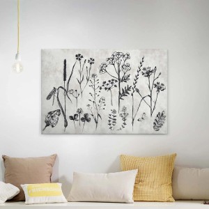 Modernes Leinwandbild mit botanischer Zeichnung in Grau und Schwarz für die Wanddekoration.
