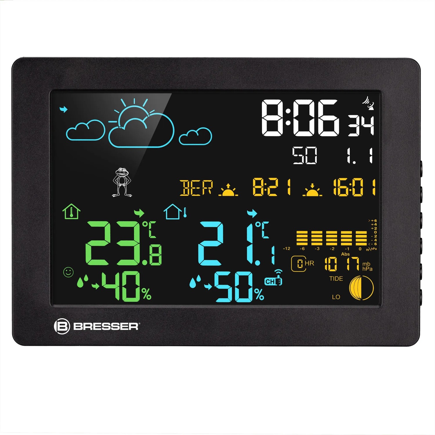 Schwarze Bresser Wetterstation MeteoTemp Baro HZ mit Farbdisplay für Innen- und Außentemperatur.