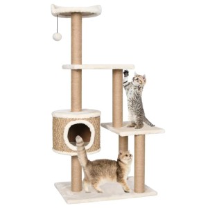 Beiger vidaXL Katzenkratzbaum (123 cm) mit Seegras-Umwicklung und zwei Katzen.