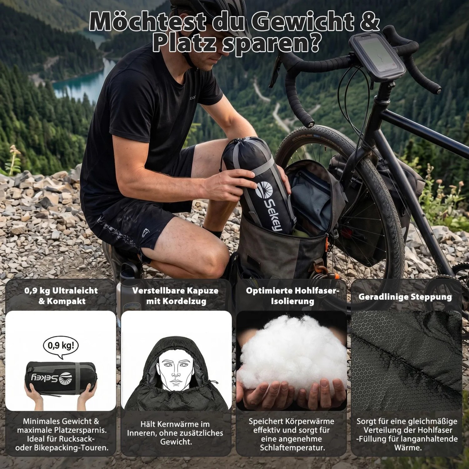 Sekey Mumienschlafsack Anthrazit, 0,9kg leicht, verpackt für Camping & Trekking im Packsack.