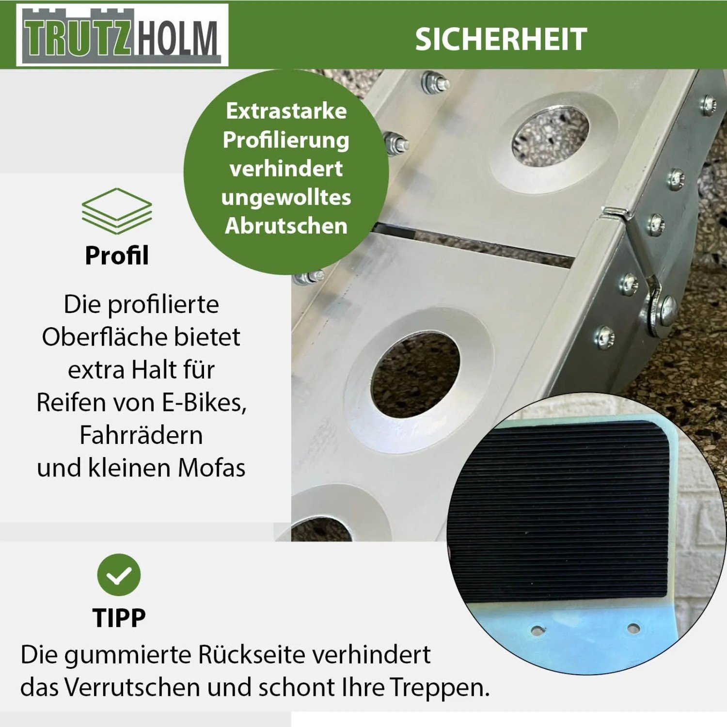 Detailansicht der klappbaren TRUTZHOLM Auffahrschiene: Aluminium, Anti-Rutsch-Profil, hohe Stabilität.