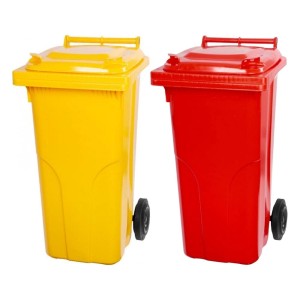 Set: Gelbe und rote 120L Mülltonne aus HDPE-Kunststoff mit Rädern.