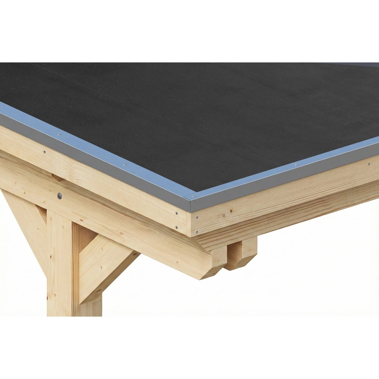 Detailansicht des Skan Holz Carport Emsland: Schwarzes EPDM-Flachdach mit Aluminiumblende und hellem Leimholz.