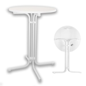 Weißer, klappbarer TRUTZHOLM Stehtisch mit Stahlgestell, Ø 70 cm, in aufgebautem und geklapptem Zustand.