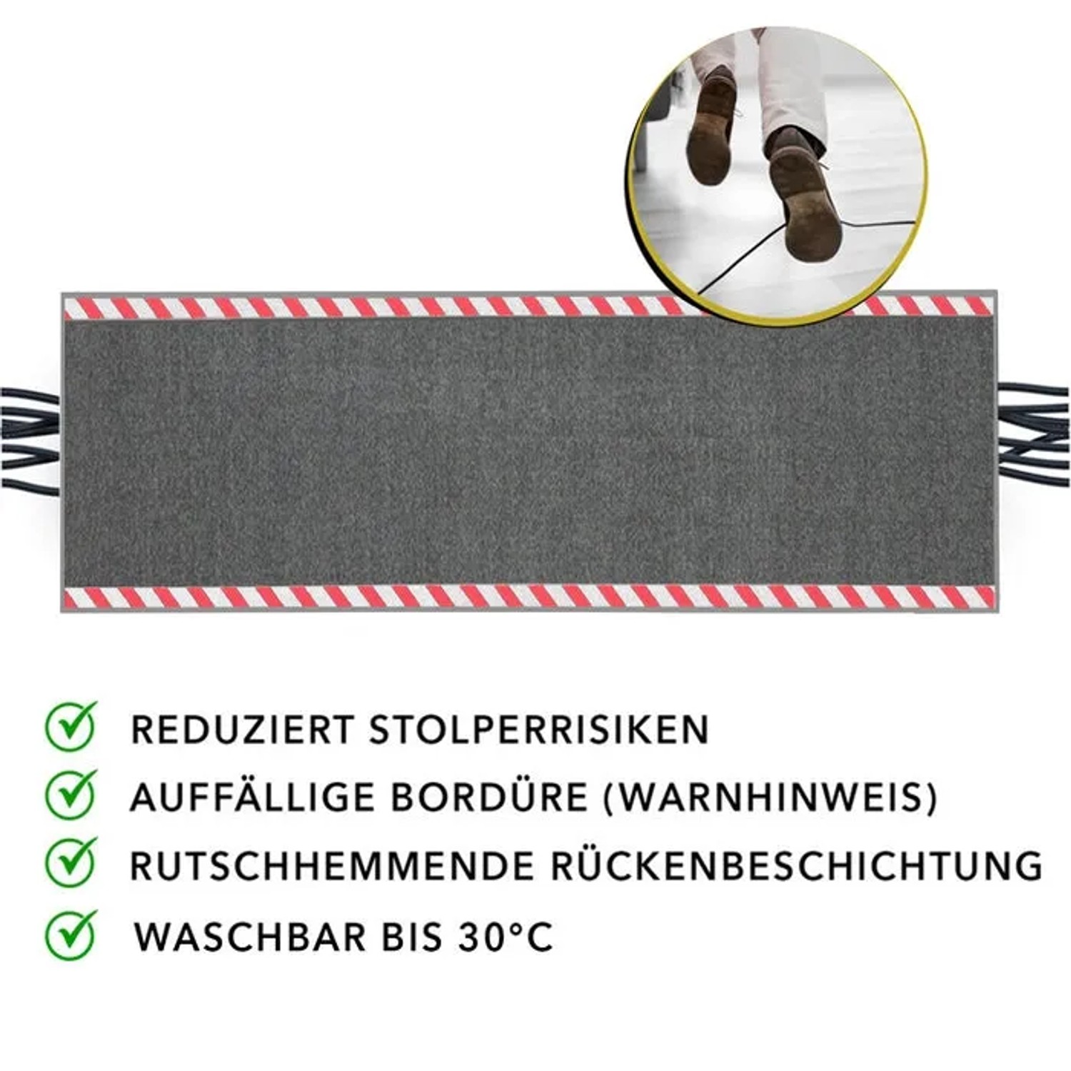 Graue Kabelmatte 40x120 cm mit rot-weißer Warnumrandung als Kabelschutz und Stolperschutz.