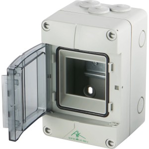 Spelsberg Aufputz-Kleinverteiler AK 03 IP65, geöffnet. Kompakter Verteilerkasten für den Innenbereich.