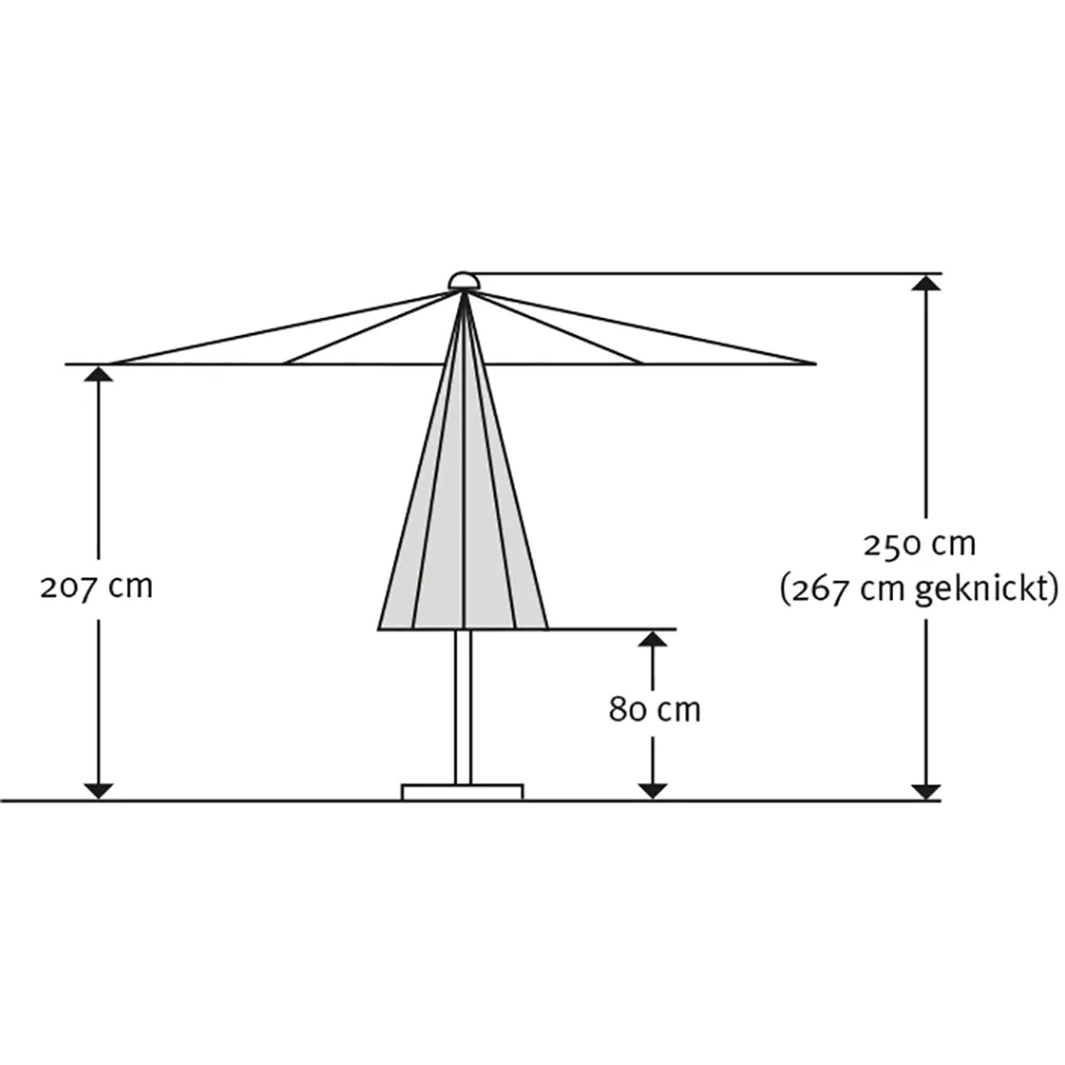Skizze: Schneider Marktschirm, Ø 270 cm, rot, mit Kurbel, Maße: 250/207/80 cm.