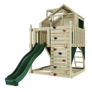 Dunkelgrünes OutdoorToys Stelzenhaus Meteorit mit Rutsche, Kletterwand und Sandkasten.