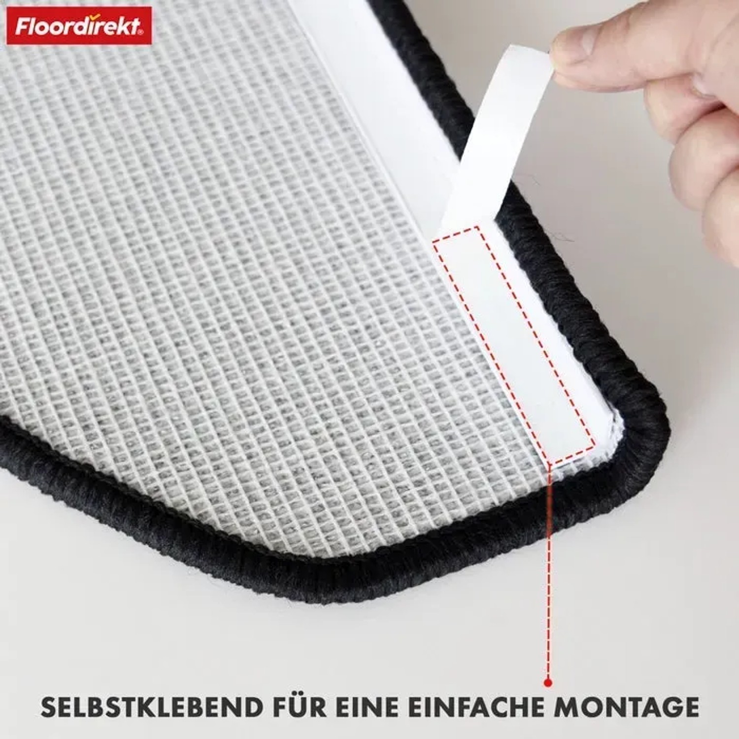 Detailaufnahme: Anthrazitfarbene KARAT Stufenmatte London Pro mit Klebestreifen zur einfachen Montage.