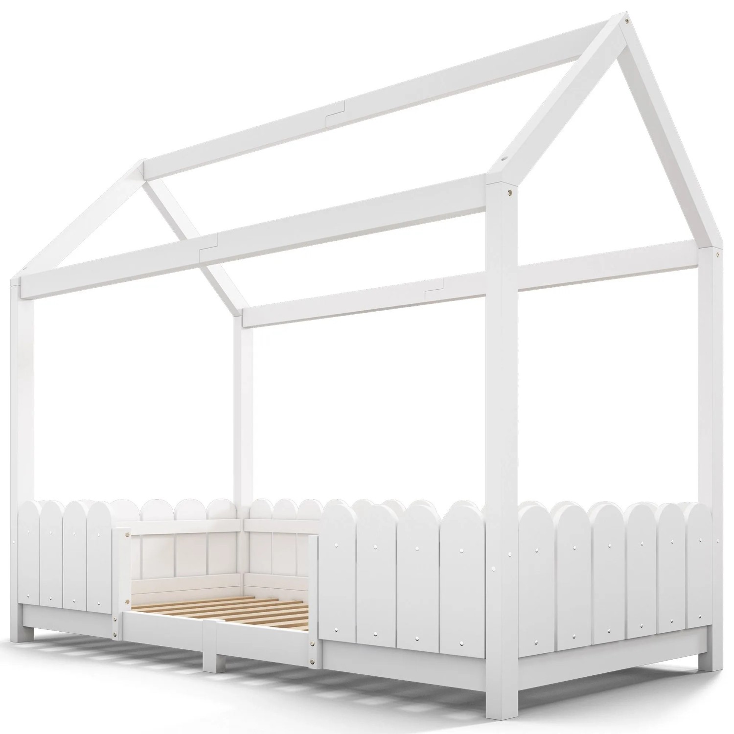 KOMHTOM Hausbett  Kinderbett  90 x 200 Cm  Mit Absturzsicherung Und Lattenrost  Kiefernholz + Mdf  Weiß  Ohne Matratze