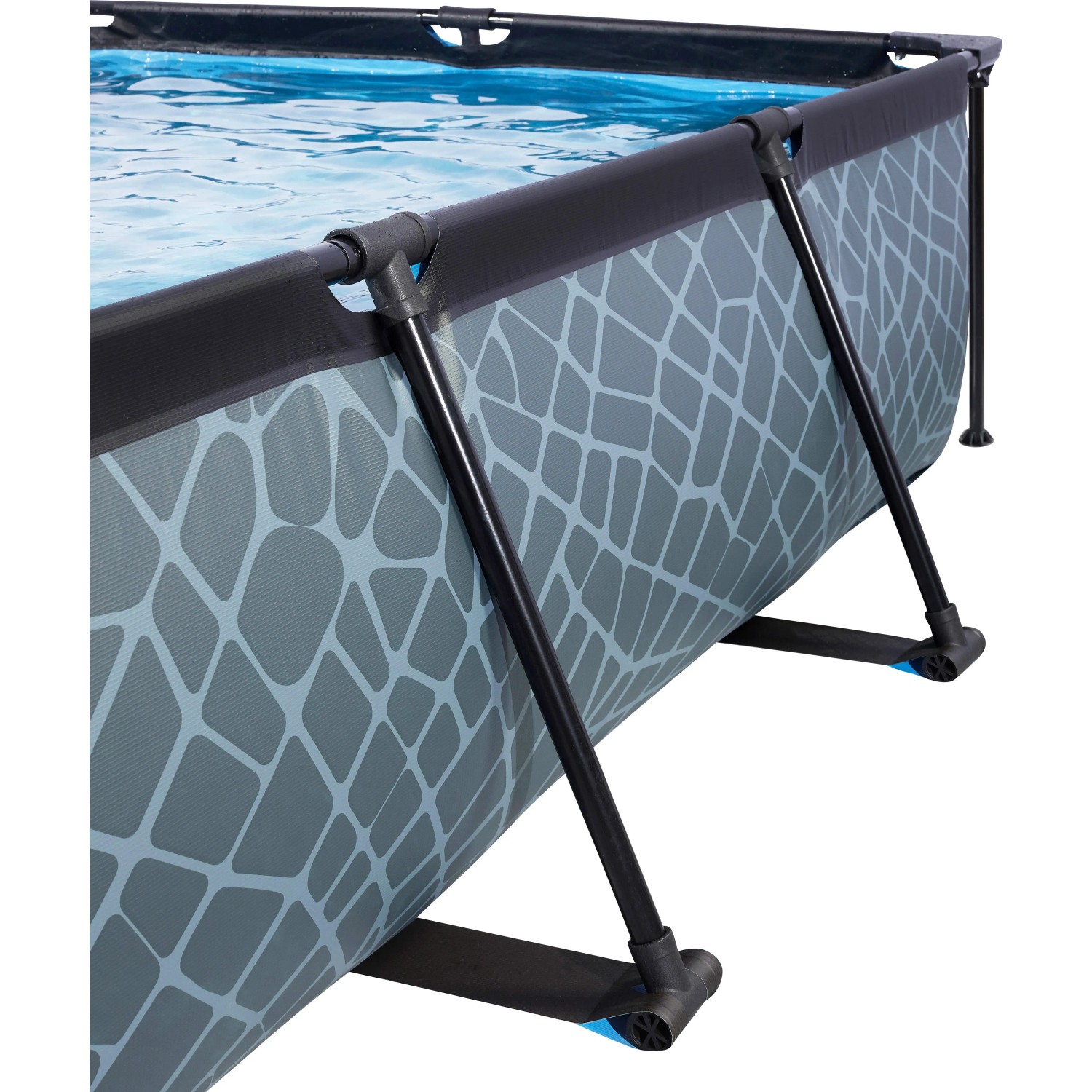 Detailansicht des grauen EXIT Stone Pools 220x150 mit Stahlrahmen und Steinmuster.