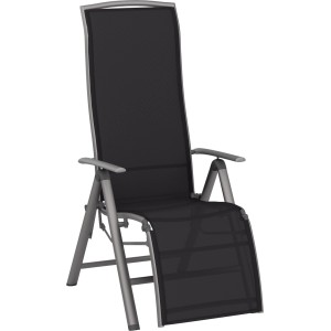 Verstellbarer, klappbarer Relaxsessel Welsby in Schwarz mit Aluminiumgestell für Garten oder Balkon.