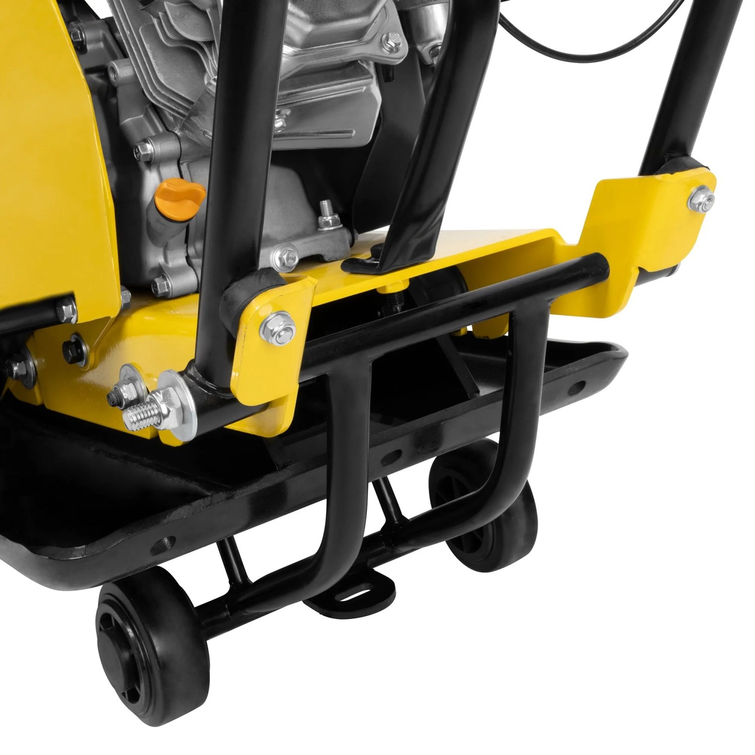 Detailaufnahme der Güde Rüttelplatte GRP 80E mit Fahrwerk, gelb/schwarz.