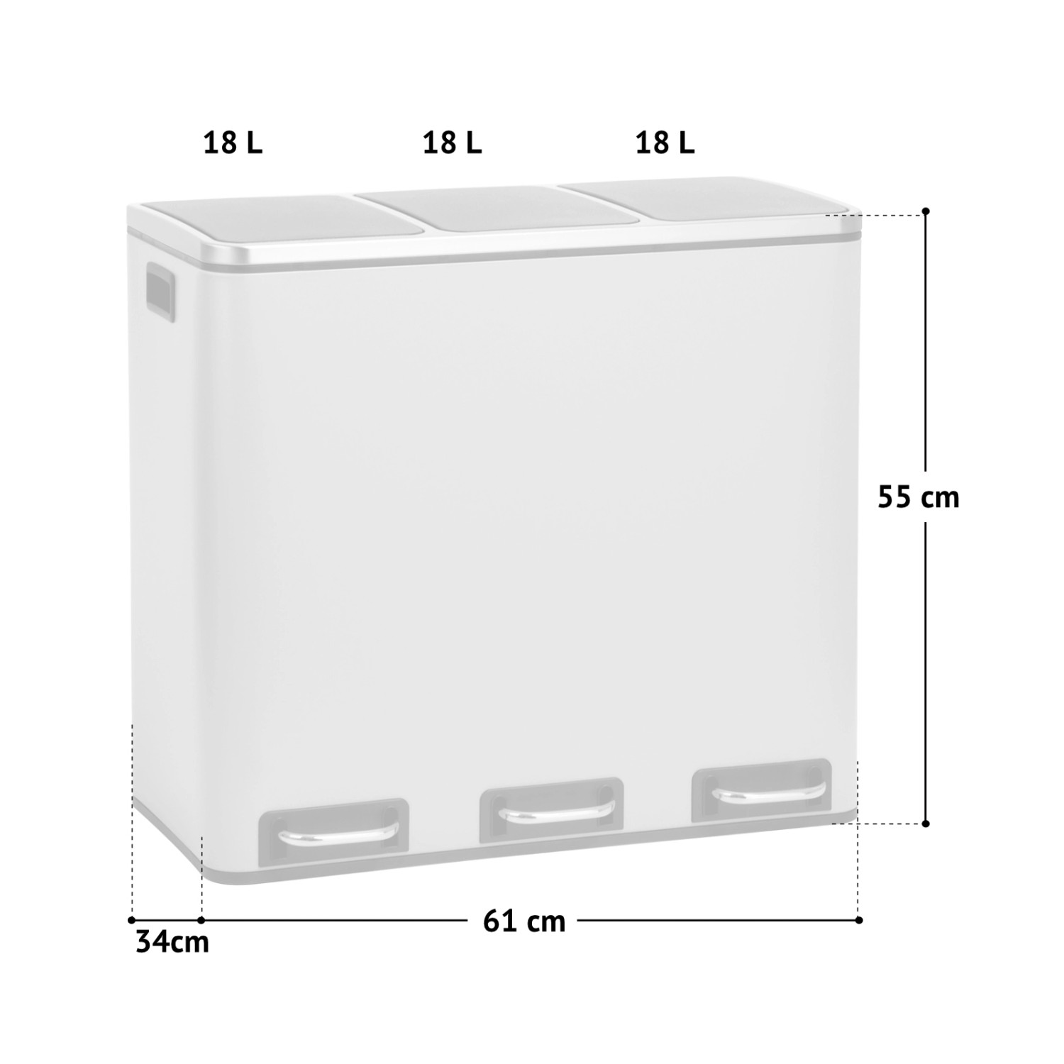 Svita TM3X18 Mülleimer, 54L Abfalleimer zur Mülltrennung, Grau, mit 3 Fächern und Tretpedal.
