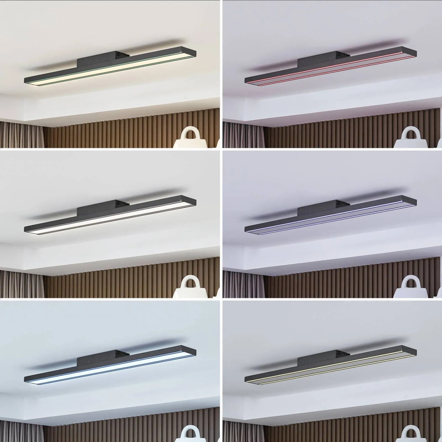 Moderne, dimmbare LED Smart Home Deckenlampe Leicy in Schwarz mit Leselampe, verschiedene Lichtfarben.