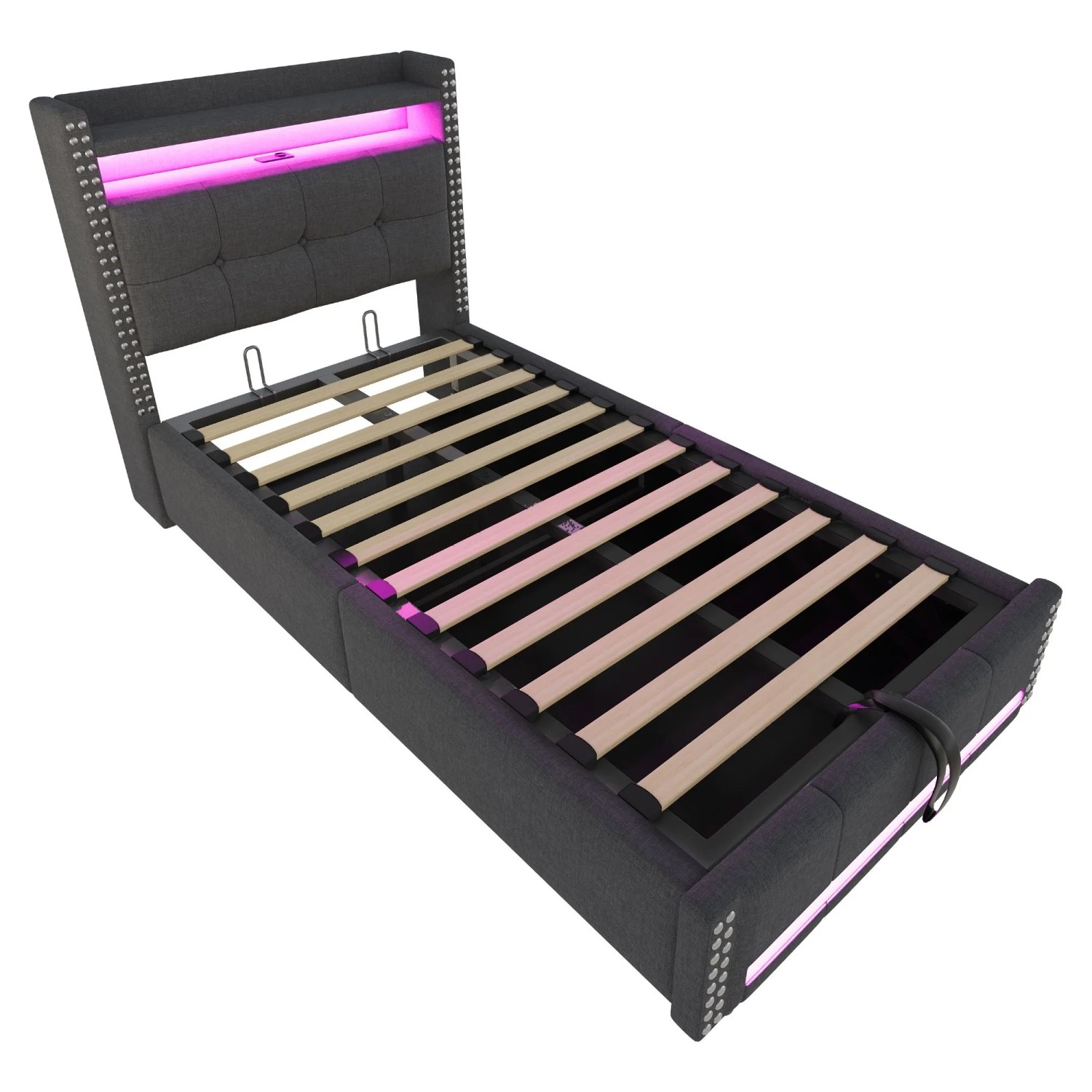 Merax Kinderbett 90x200cm LED USB Hydraulik Leinen Grau