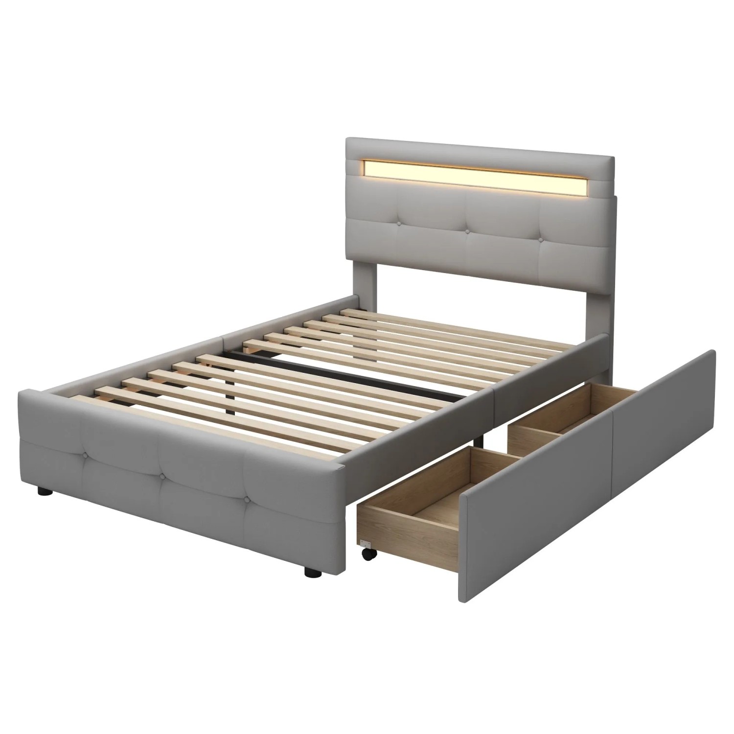 Merax Polsterbett 90x200cm LED Schubladen Leinen Grau