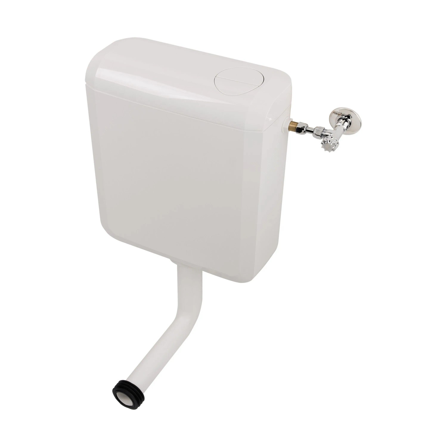 Aufputz-Spülkasten aus Kunststoff für Calmwaters Stand-WC Set, weiße Ausführung.