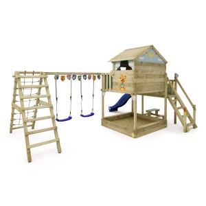 Blauer Wickey Spielturm Disney Saga mit Rutsche, Schaukel und Klettergerüst.