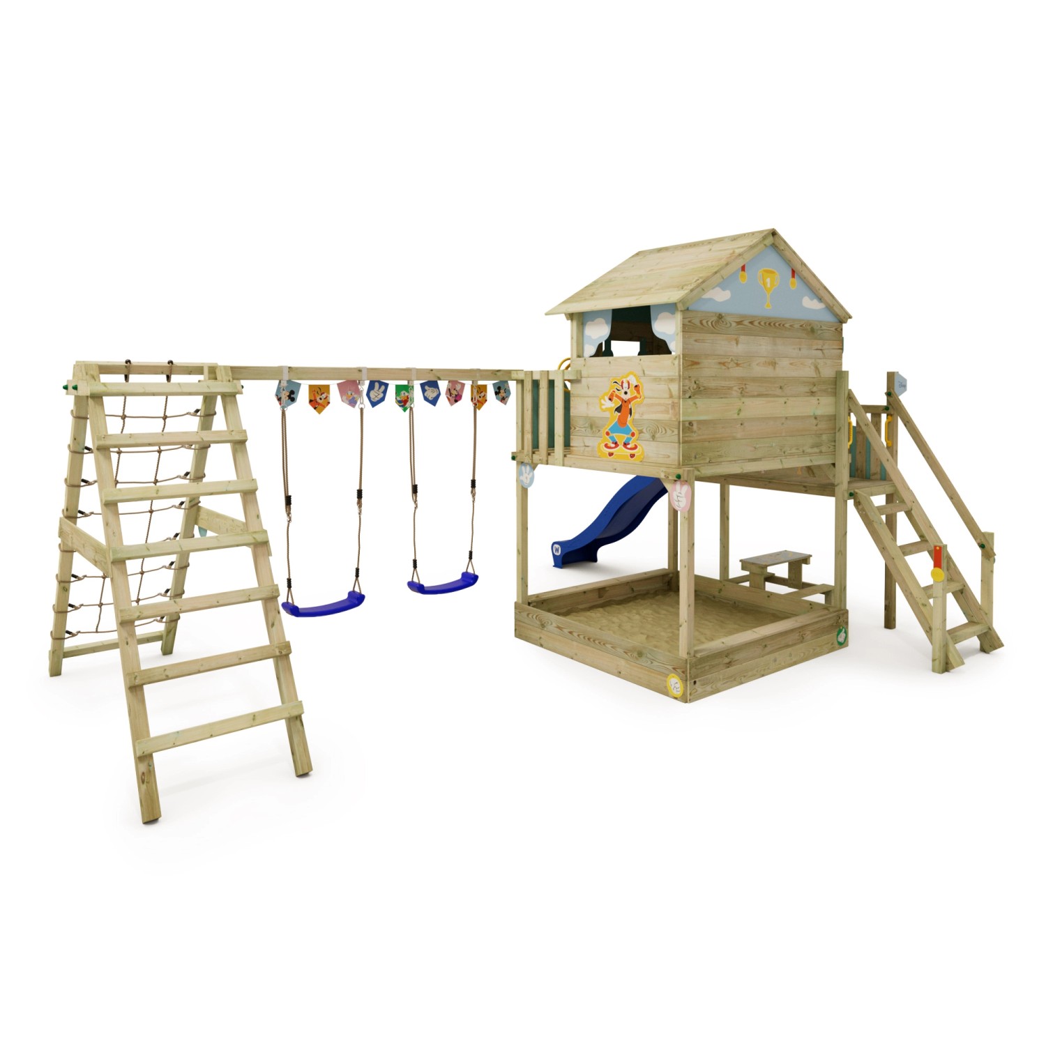 Blauer Wickey Spielturm Disney Saga mit Rutsche, Schaukel und Klettergerüst.