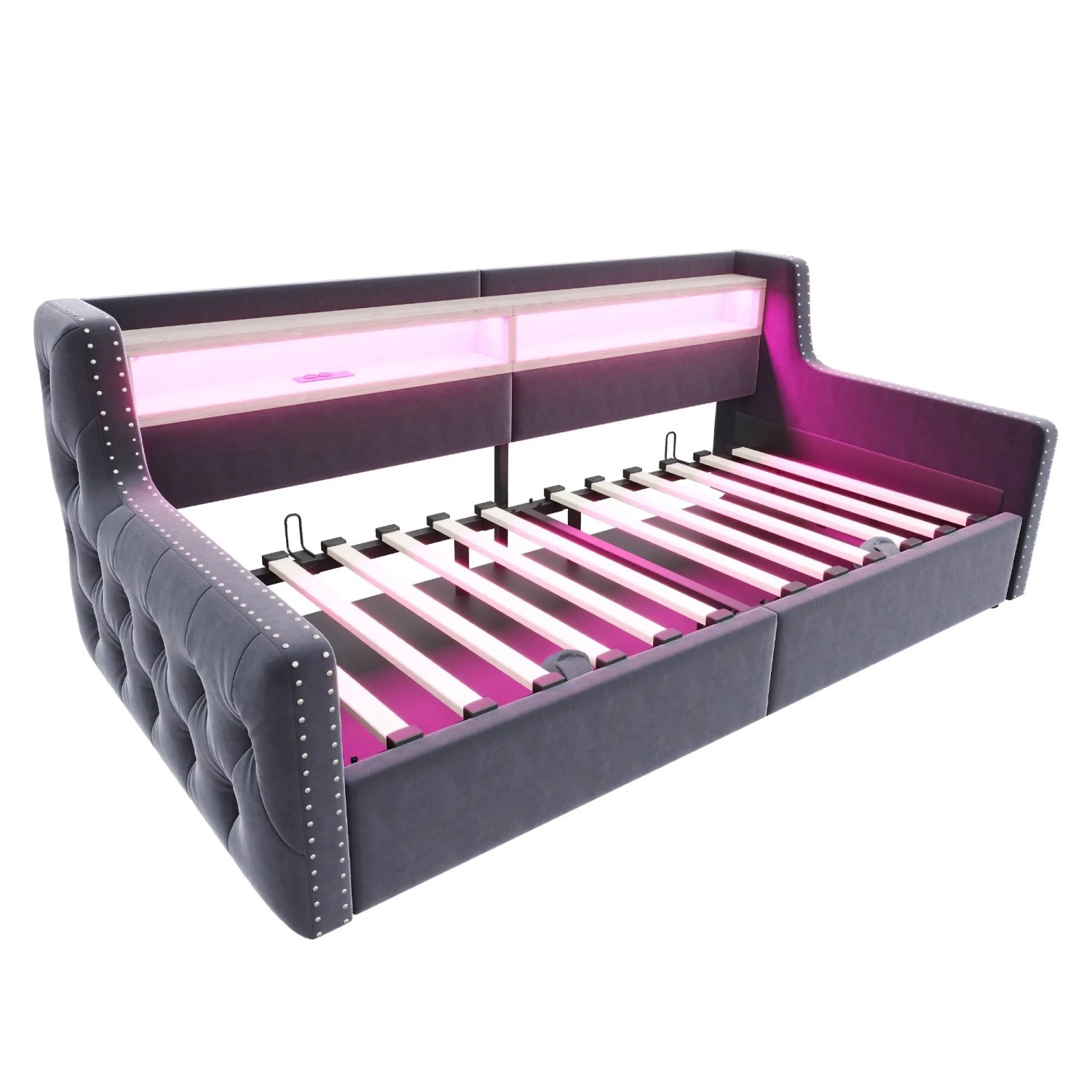 Merax Schlafsofa 90x200cm LED Stauraum Lattenrost Dunkelgrau
