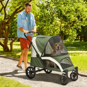 Mann schiebt dunkelgrünen PawHut Hundebuggy mit Beagle im Park. Komfortabler Hundewagen mit Netzfenstern für Spaziergänge.