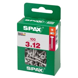 Grüne Spax Box mit 100 silbernen Halbrundkopf Universalschrauben 3x12 mm, T-Star plus-Antrieb.
