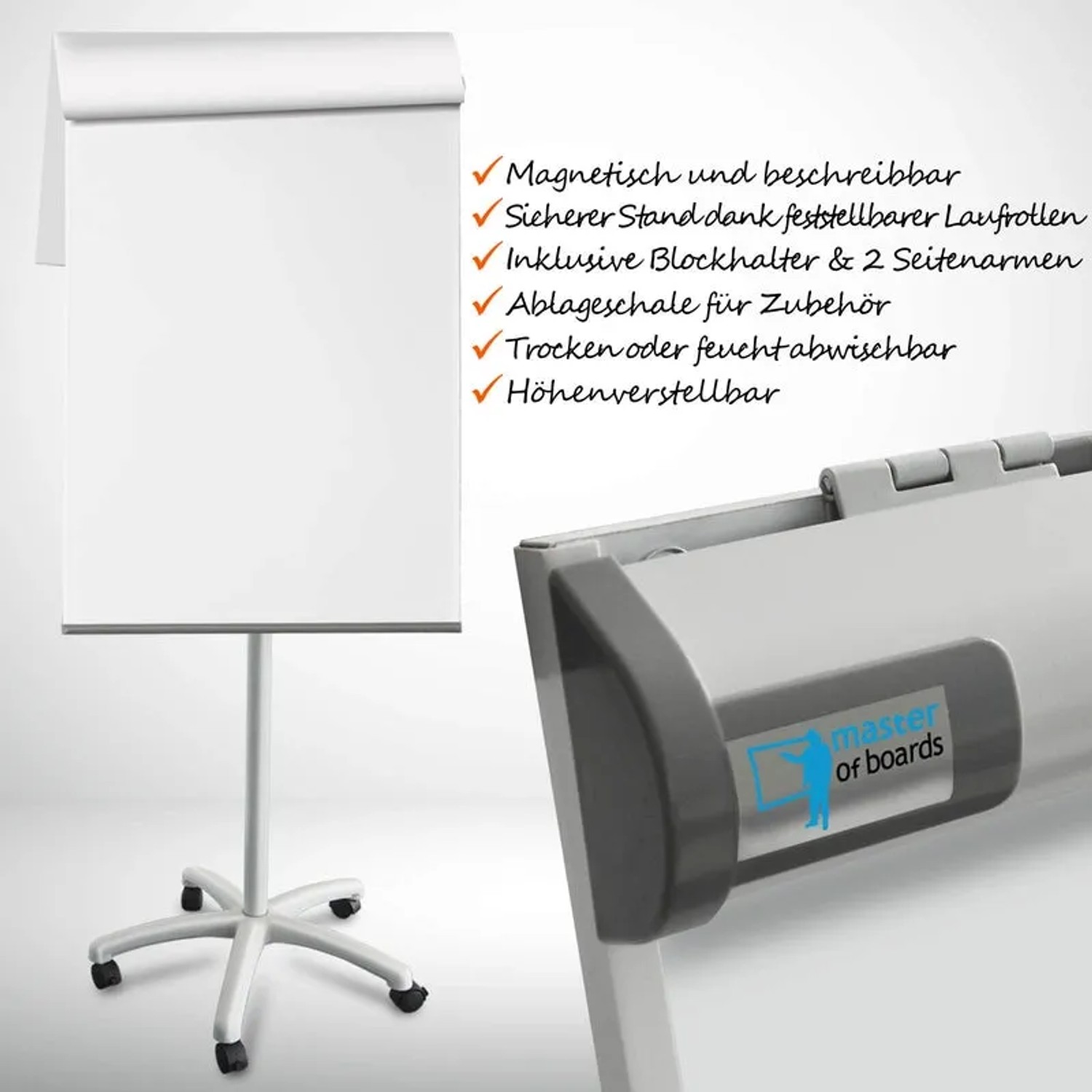 Mobiles KARAT Flipchart Piranha mit Rollen und Whiteboard-Oberfläche für Büro und Präsentation.