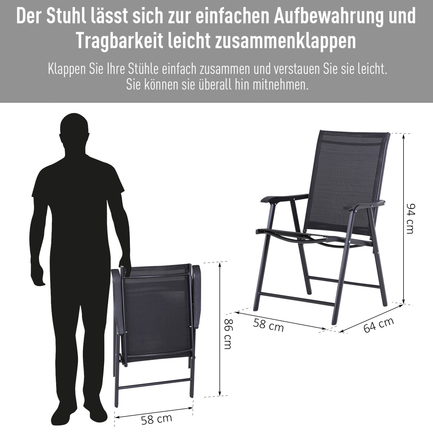 Outsunny Campingstühle 2er-Set, schwarz, Texteline, Maße: 58 x 64 x 94 cm, zusammengeklappt und aufgebaut.