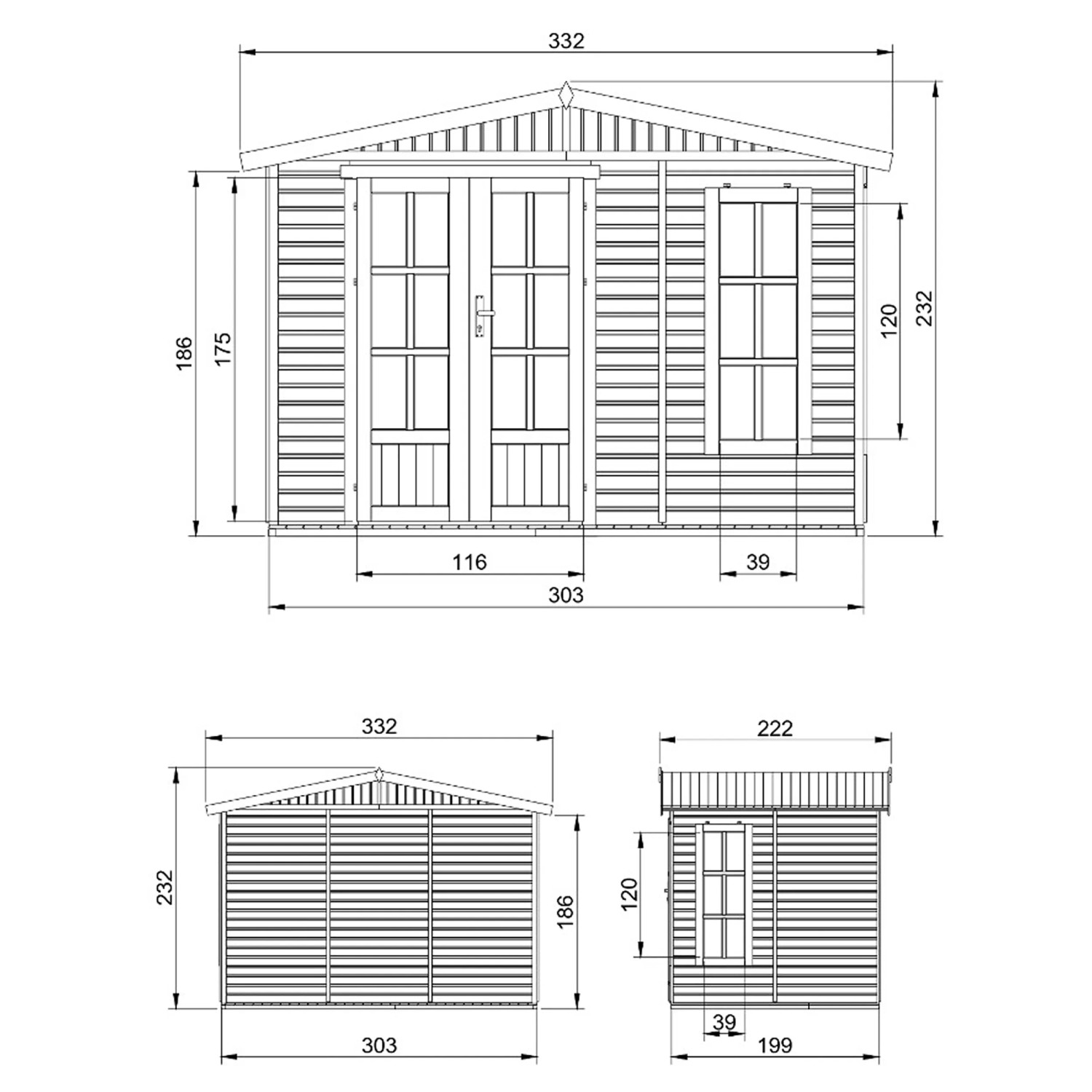 Technische Zeichnung: Timbela Gartenhaus Holz M334FB+H334FBRED, 6,03 m², rote Dachziegel, mit Boden, Maße