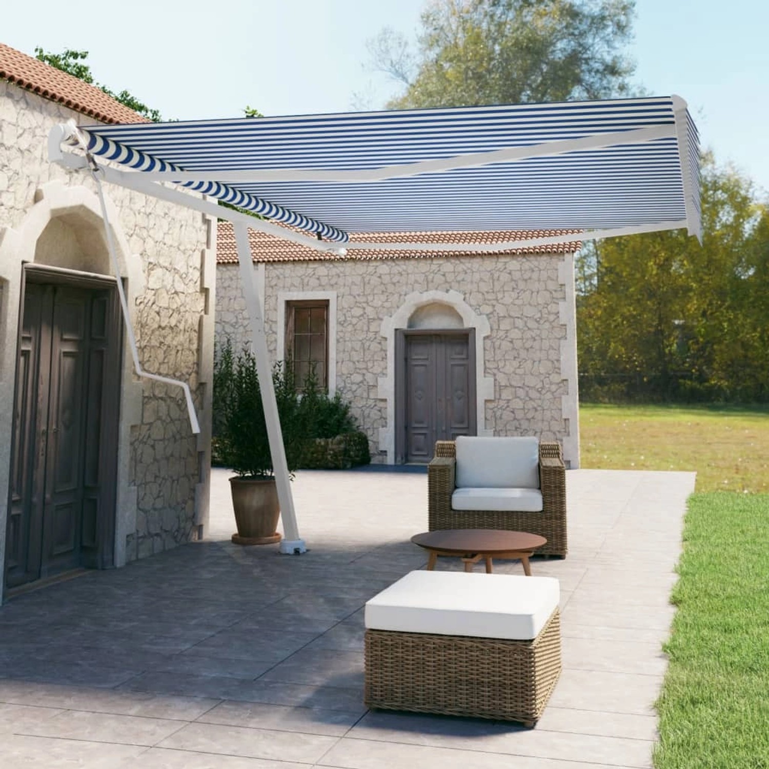 furnicato Standmarkise Automatisch 500x350 cm Blau & Weiß günstig online kaufen