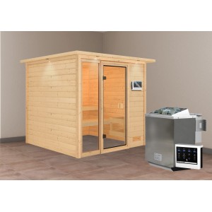 Karibu Sauna Jutta mit Bio-Ofen und LED-Dachkranz aus Naturholz mit Glastür.