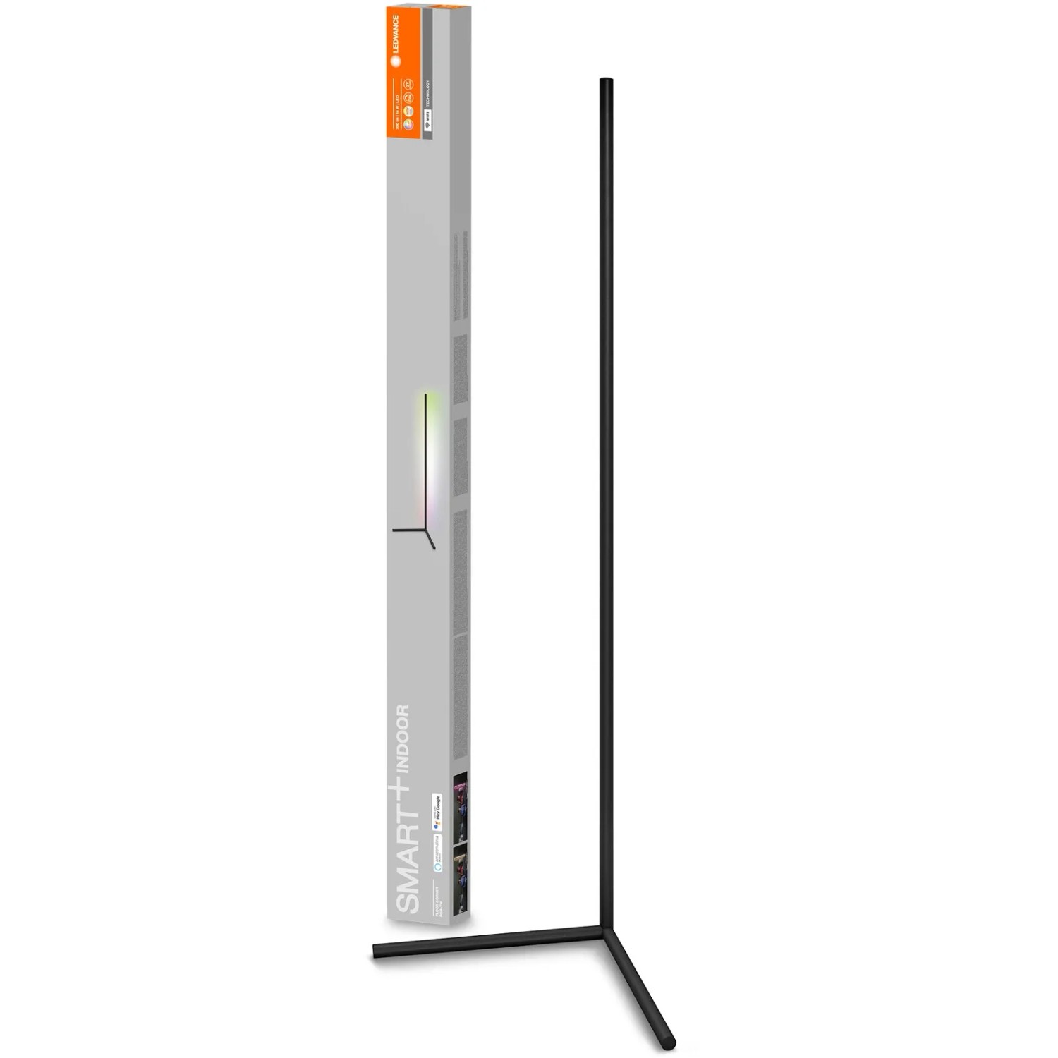 Ledvance Smart+ WiFi Stehlampe, schwarze Eckleuchte mit RGB- und Warmweiß-Funktion, 142 cm hoch.