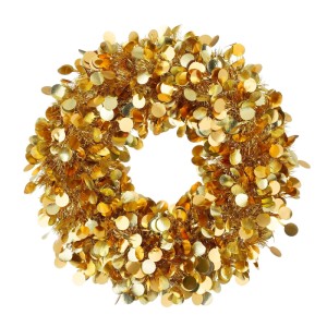 Mica Decorations goldener Kranz, glänzend, mit runden Pailletten und feinem Lametta. Ideal als festliche Weihnachtsdekoration.