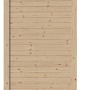 Bertilo Gartenhaus Pentus 1 aus naturbelassenem Holz, Seitenansicht. Kompaktes Holz-Gartenhaus mit Flachdach.