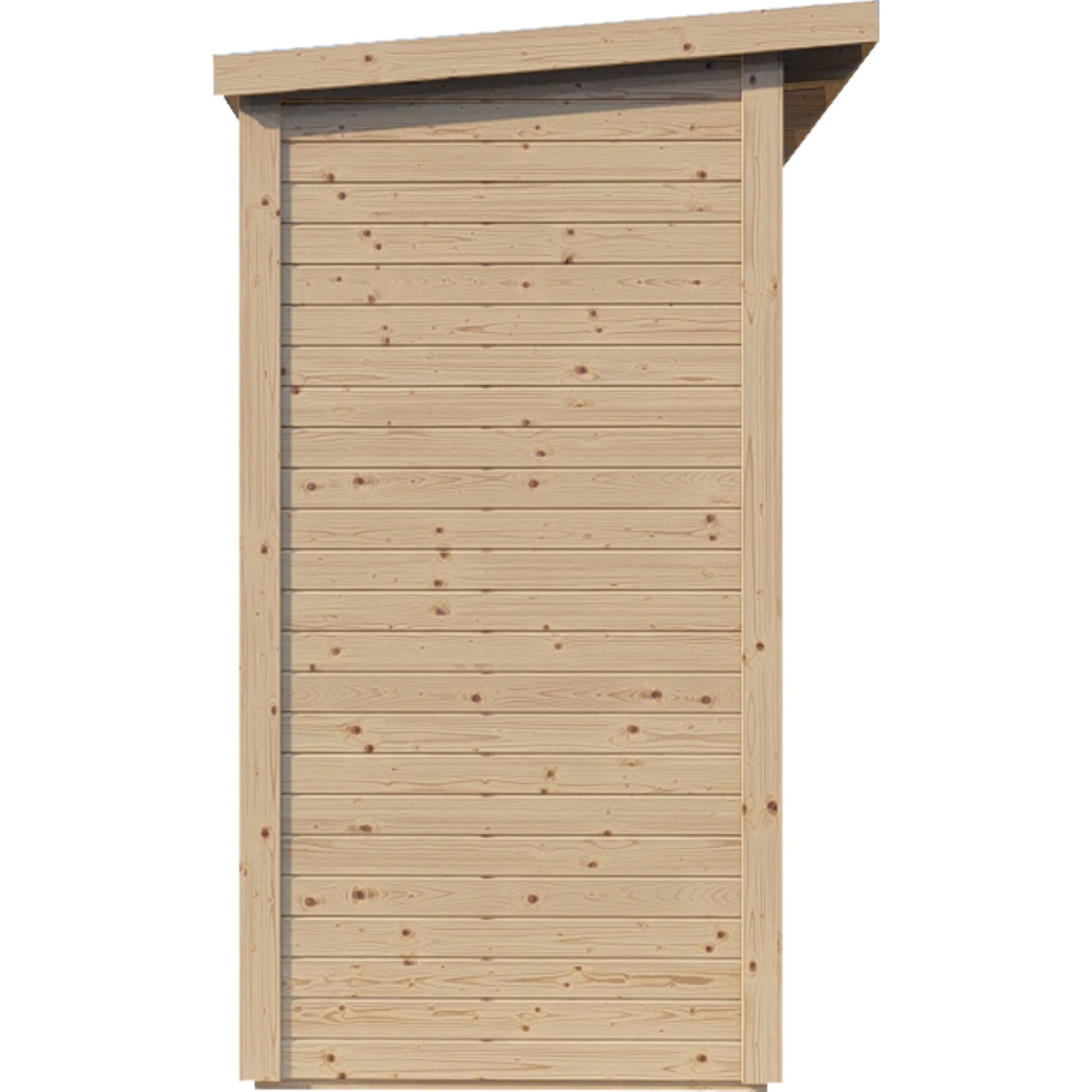 Bertilo Gartenhaus Pentus 1 aus naturbelassenem Holz, Seitenansicht. Kompaktes Holz-Gartenhaus mit Flachdach.