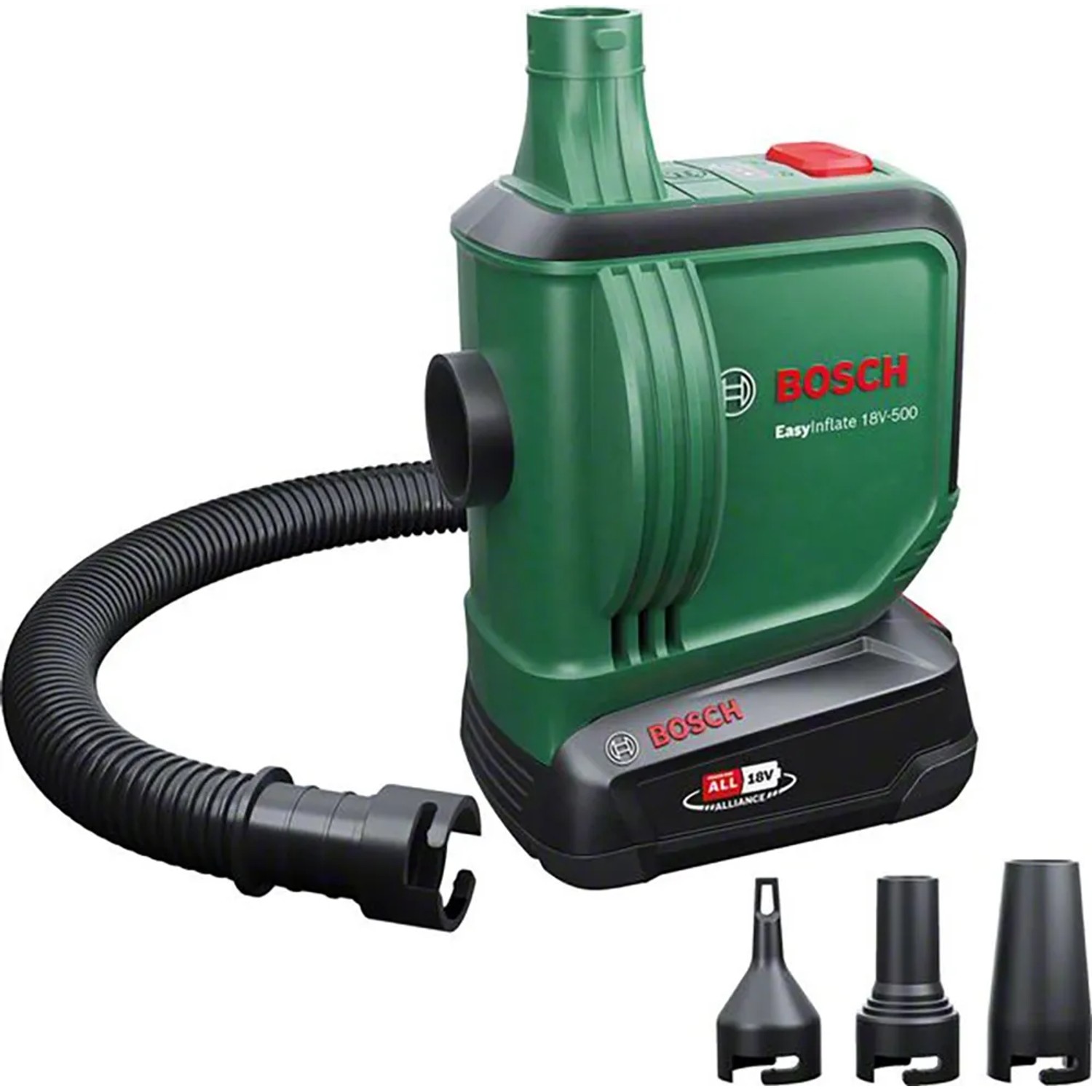 Bosch Akku-Luftpumpe EasyInflate 18V-500 mit Schlauch und Düsen für Luftmatratzen.